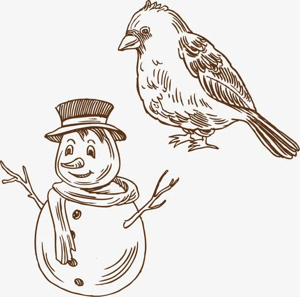 矢量手绘雪人和喜鹊免抠