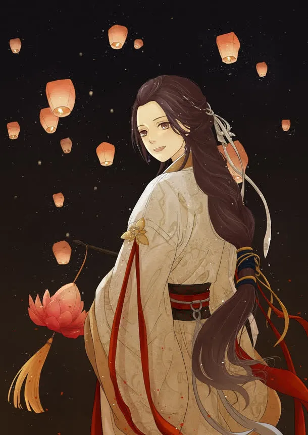 夜晚星空下孔明灯长发女子免抠