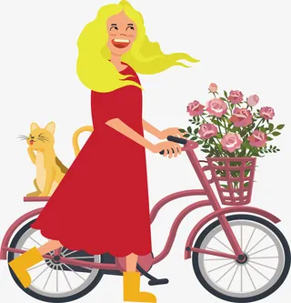 春天里推着自行车的女孩免抠