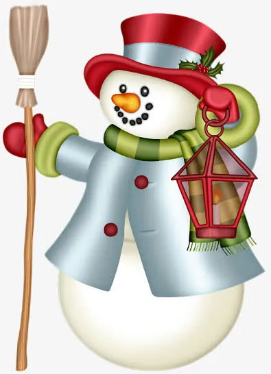 手绘拿拖把跟手提灯的圣诞雪人免抠