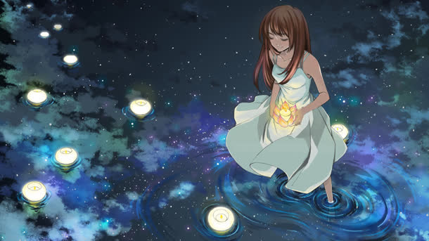湖上放花灯的女孩动漫海报背景