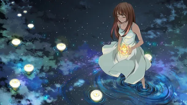 湖上放花灯的女孩动漫海报背景