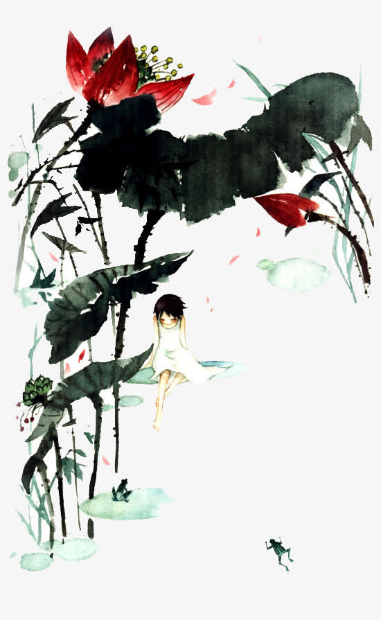 手绘荷花免抠
