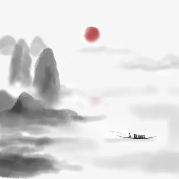 中国风古山水水墨画免抠