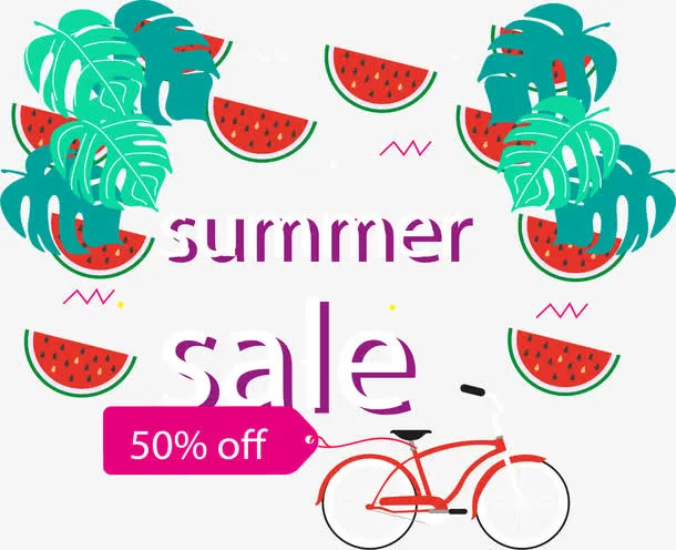 西瓜芭蕉叶自行车海报免抠