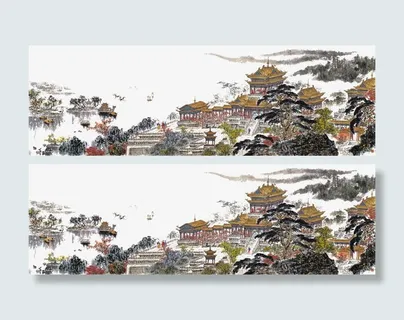 滕王阁全景长轴国画免抠