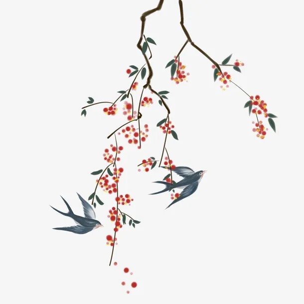 手绘国风树枝元素 燕子元素免抠