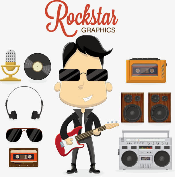 卡通男子与摇滚元素矢量素材免抠