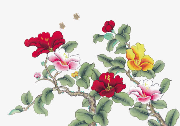 采手绘红色花朵绿叶树枝免抠