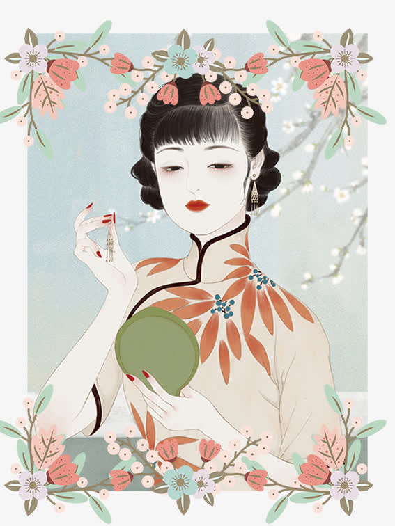 民国风手绘插图穿旗袍的美女梳妆免抠