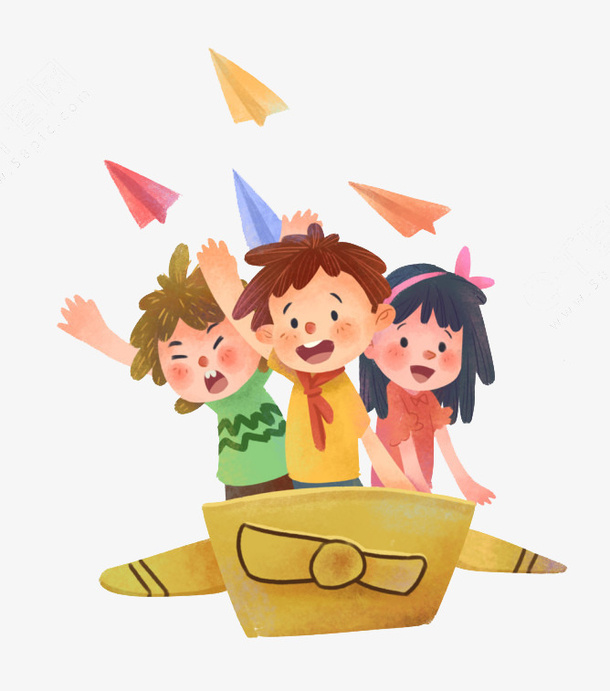 坐在纸飞机上的孩子免抠