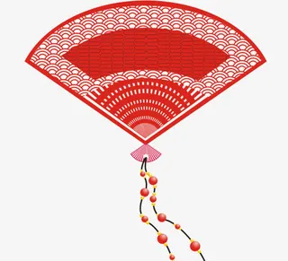 古风红色波浪云扇子免抠
