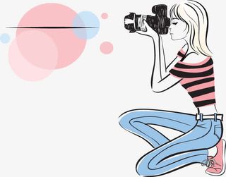 手绘插图侧身蹲下拍照的女孩免抠