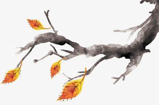 手绘黑色树枝黄色树叶免抠