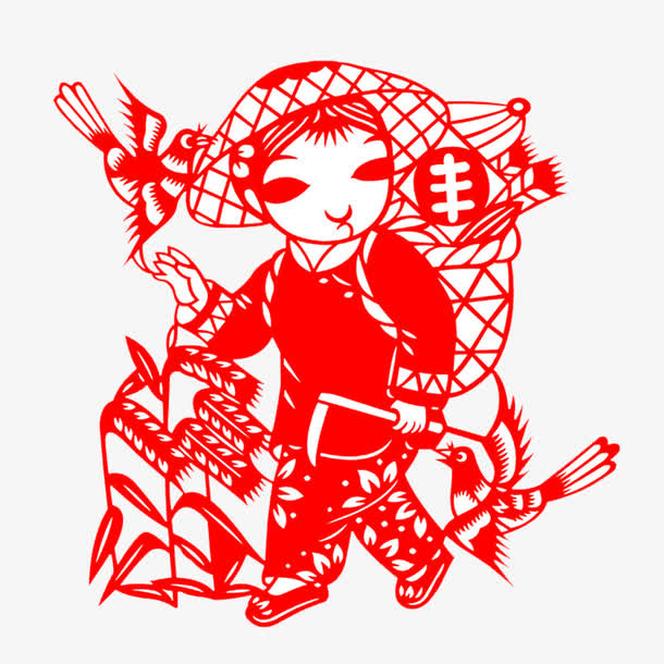 红色农民丰收剪纸图案免抠