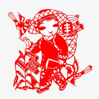 红色农民丰收剪纸图案免抠