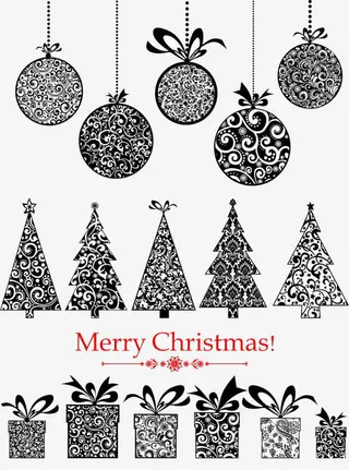 黑白花纹圣诞树圣诞球素材免抠