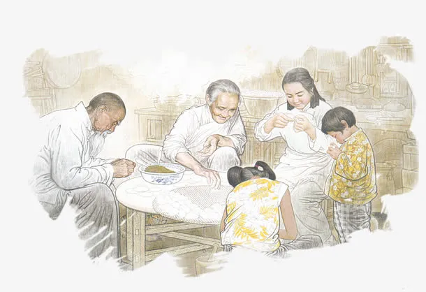 手绘一家人包饺子免抠