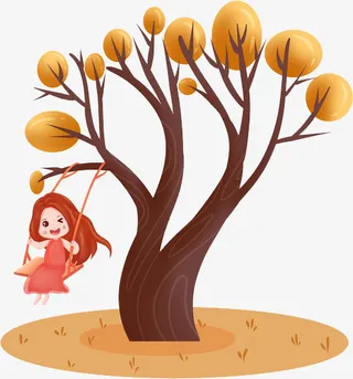 手绘秋天女孩荡秋千免抠