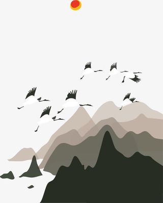 灰色渐变山脉与鸟免抠