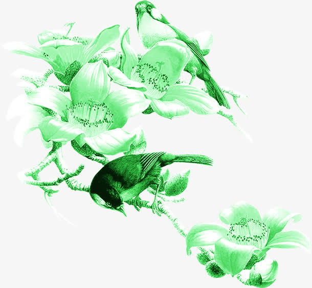 绿色花鸟美景设计免抠