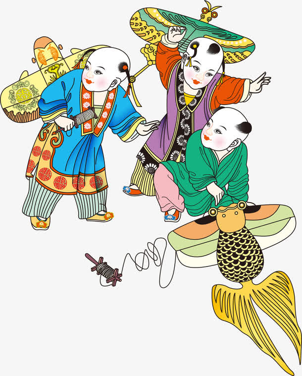 放风筝年画娃娃手绘快乐免抠