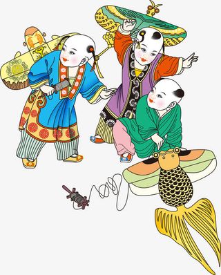 放风筝年画娃娃手绘快乐免抠
