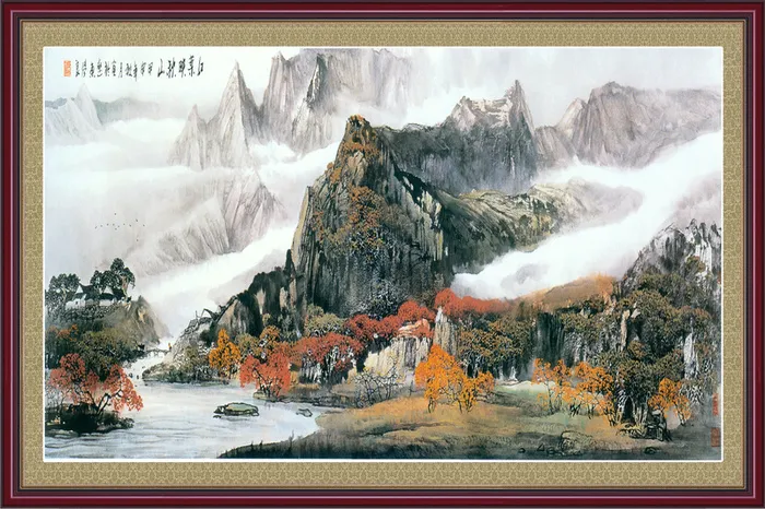 中国风国画山水画红叶映秋山高清