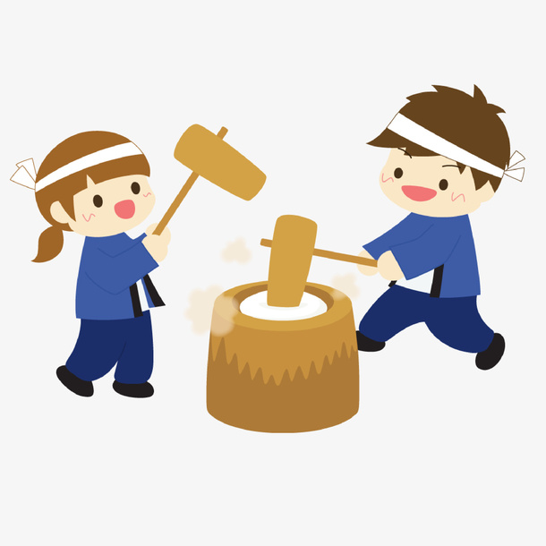 中国过年两个小孩打糍粑打年糕免免抠