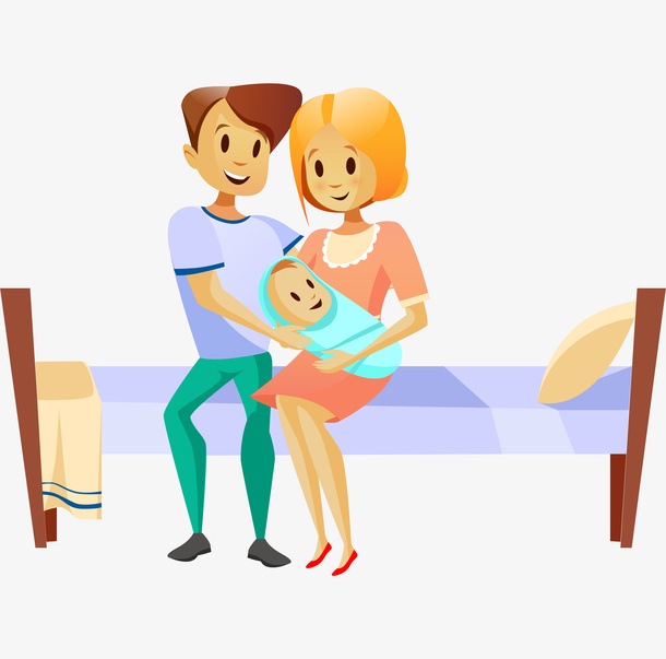 手绘卡通新生婴儿和父母免抠