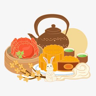 中秋月饼菊花酒壶摆盘元素免抠