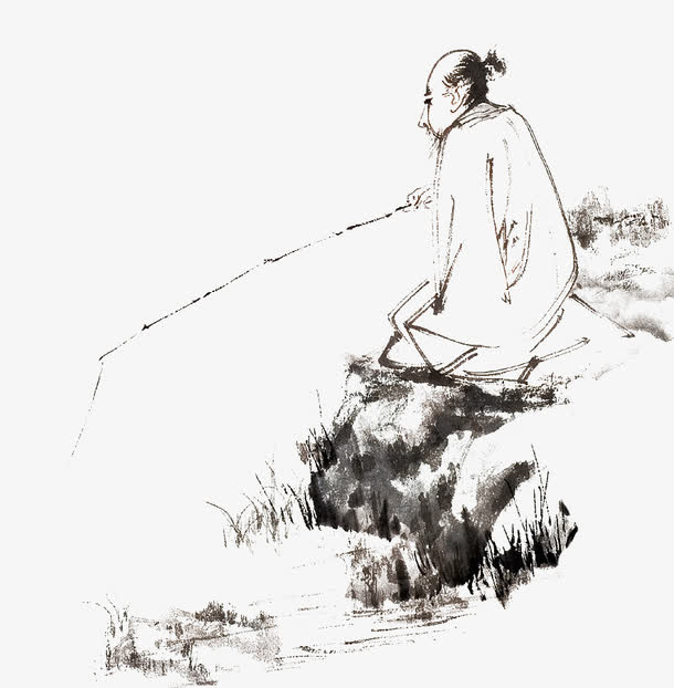 岸边水墨垂钓免抠