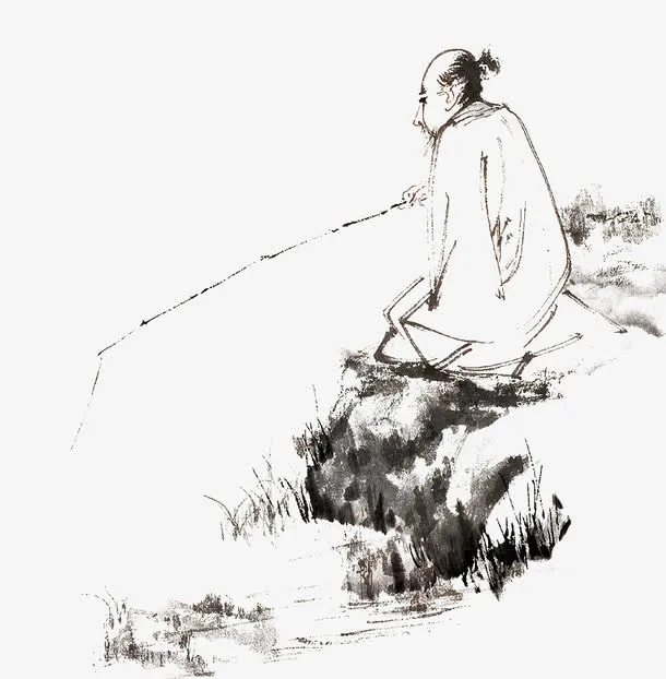 岸边水墨垂钓免抠