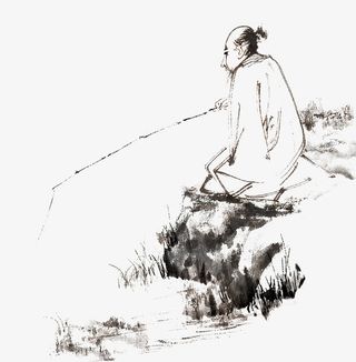岸边水墨垂钓免抠
