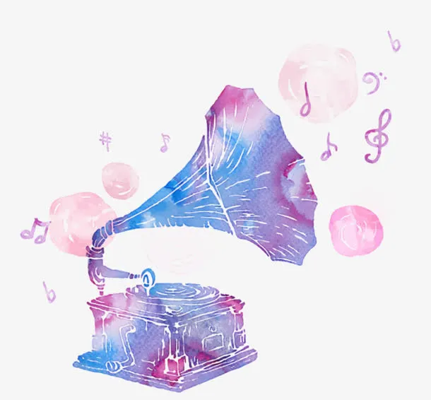 手绘彩色古老的留声机免抠