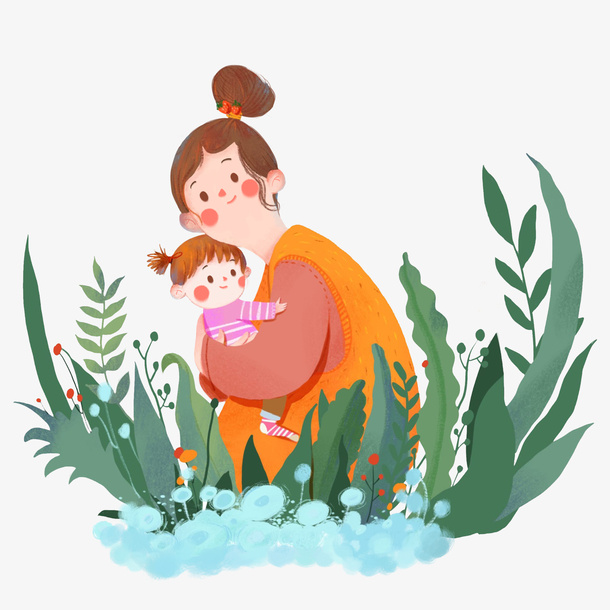 手绘母子插画元素图免抠