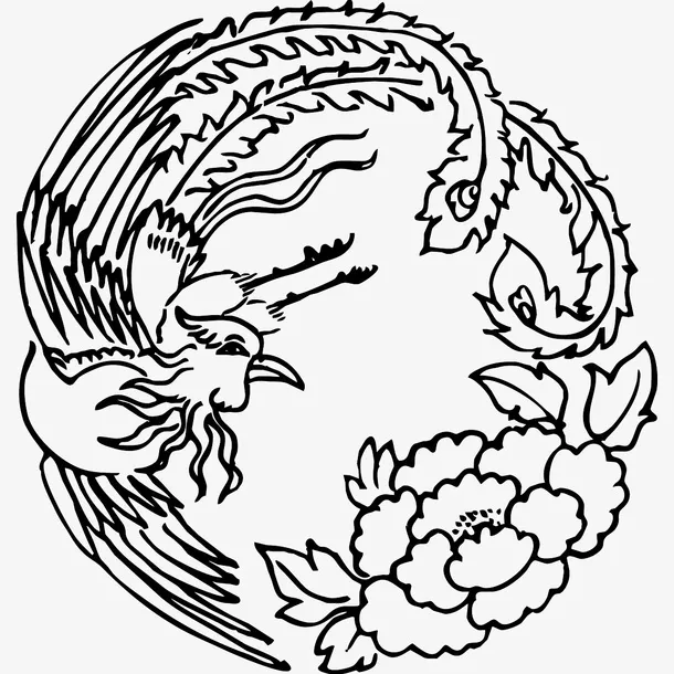国潮  凤凰 传统图案 圆形标07免抠