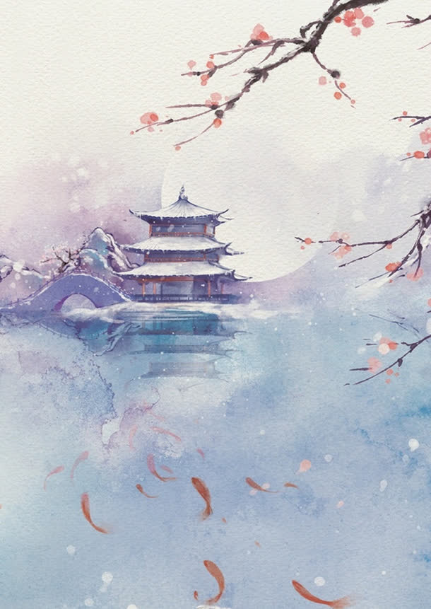 中国风月下水边庭院花枝海报背景免抠