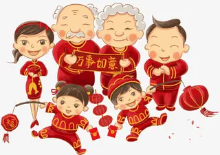 手绘新春全家团圆插画素材免抠