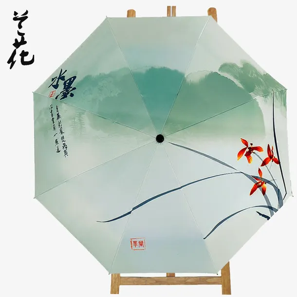 兰花青色古韵水墨伞免抠