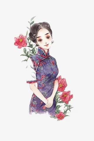 清新手绘女生旗袍花朵气质淑女头免抠