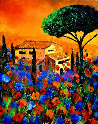 油画 山村鲜花图片高清