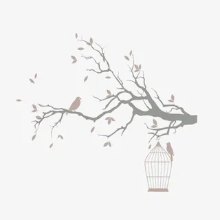 清新手绘树枝鸟笼小鸟素材免抠