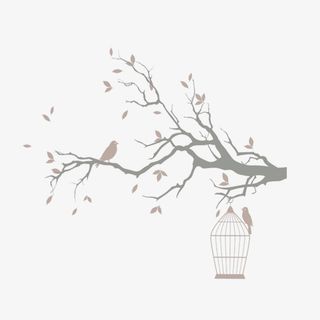 清新手绘树枝鸟笼小鸟素材免抠