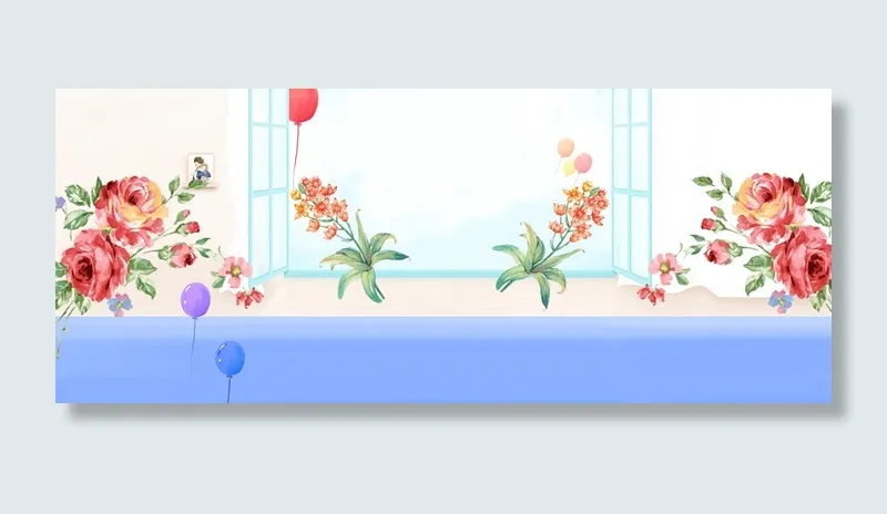 春季窗户景色手绘花朵黄色banner高清
