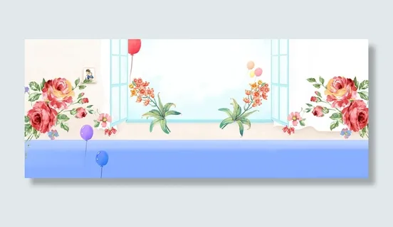 春季窗户景色手绘花朵黄色banner高清