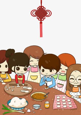 一群家人包饺子免抠