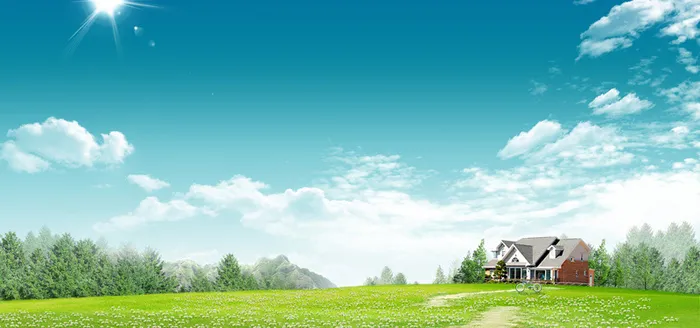 春天草坪房屋云彩背景高清