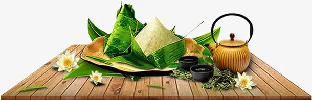 茶壶粽子花朵木板场景免抠