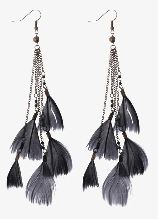黑色羽毛长流苏耳环免抠
